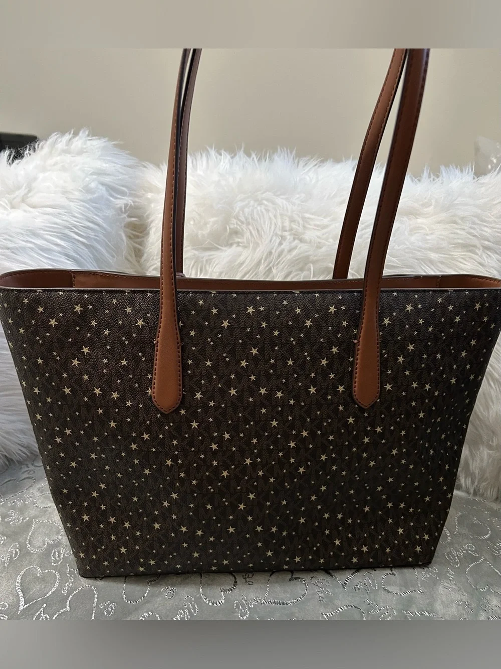 NWT Michael Kors Arden Brown Star-Print Logo Tote with Tan Trim